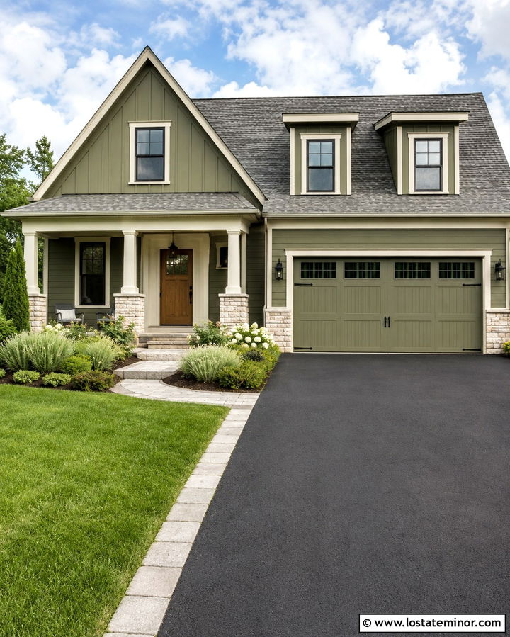 Olive Green House With Black Asphalt Driveway - 30 Olive Green House Design With Driveway Ideas