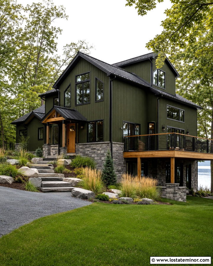 Olive Green House With Black Cable Deck Railings - 30 Olive Green House Design With Railings Ideas