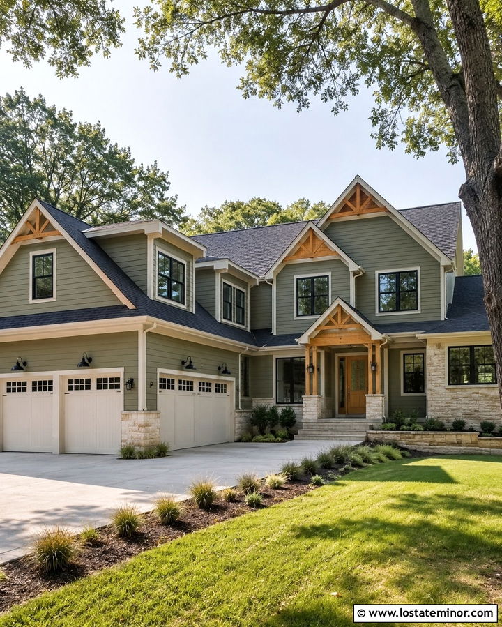 Olive Green House With Black Garage Lights - 30 Olive Green House Design With Light Fixtures Ideas