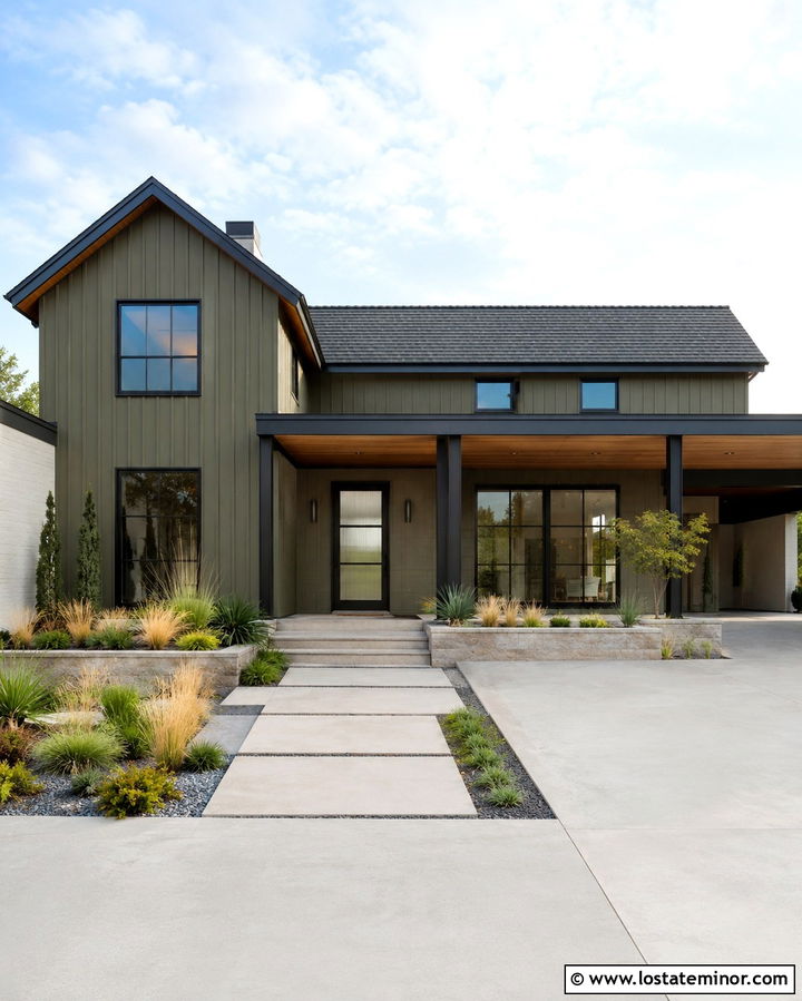 Olive Green House With Black Glass Entry Door - 30 Olive Green House Design With Entry Door Ideas