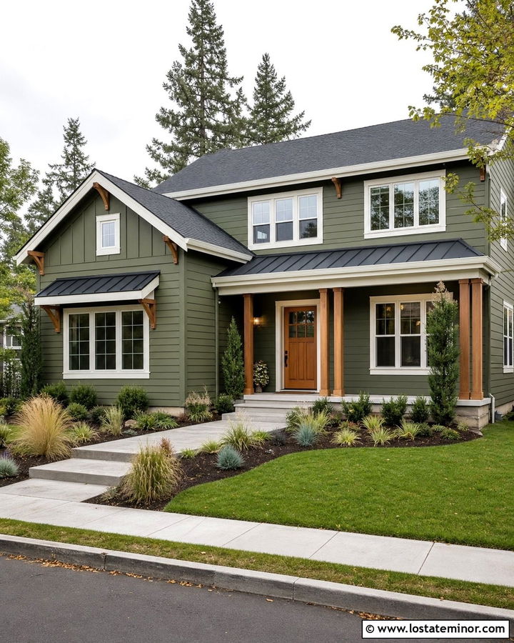 Olive Green House With Black Metal Awning - 30 Olive Green House Design With Awning Ideas