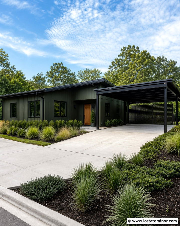 Olive Green House With Black Metal Carport - 30 Olive Green House Design With Carport Ideas