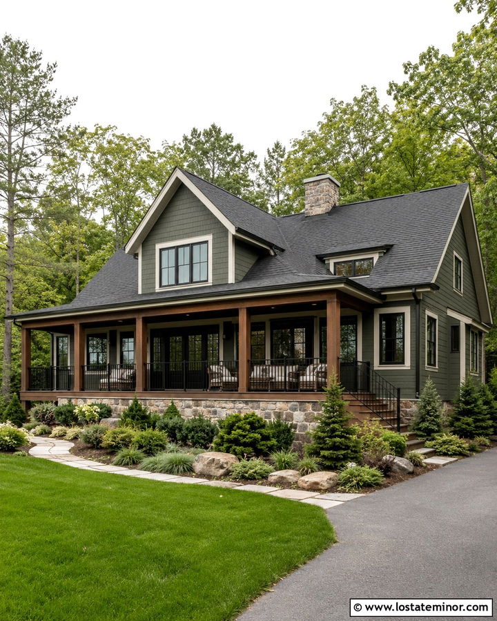 Olive Green House With Black Metal Deck Railing - 30 Olive Green House Design With Deck Ideas
