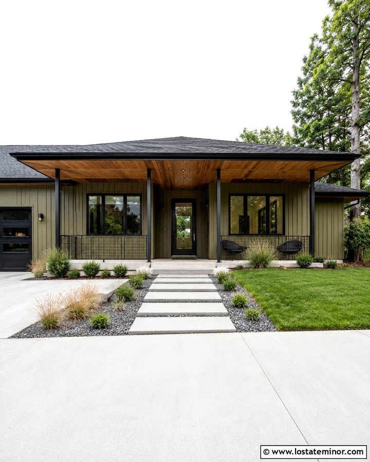 Olive Green House With Black Metal Porch Columns - 30 Olive Green House Design With Porch Columns Ideas