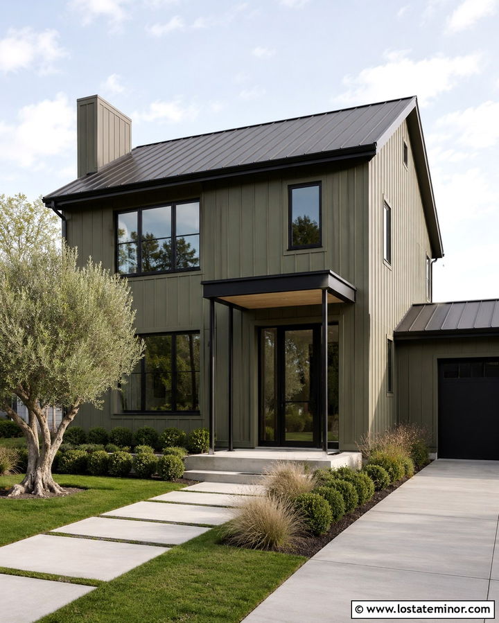 Olive Green House With Black Metal Portico - 30 Olive Green House Design With Portico Ideas
