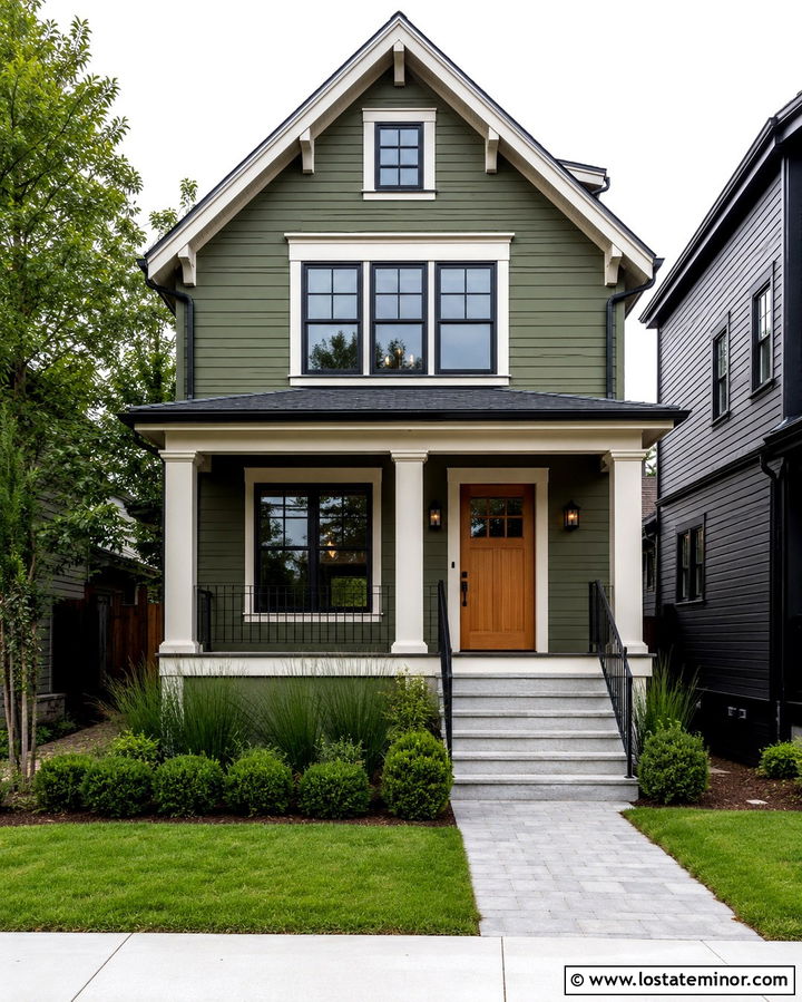 Olive Green House With Black Metal Railings - 30 Olive Green House Design With Steps Ideas