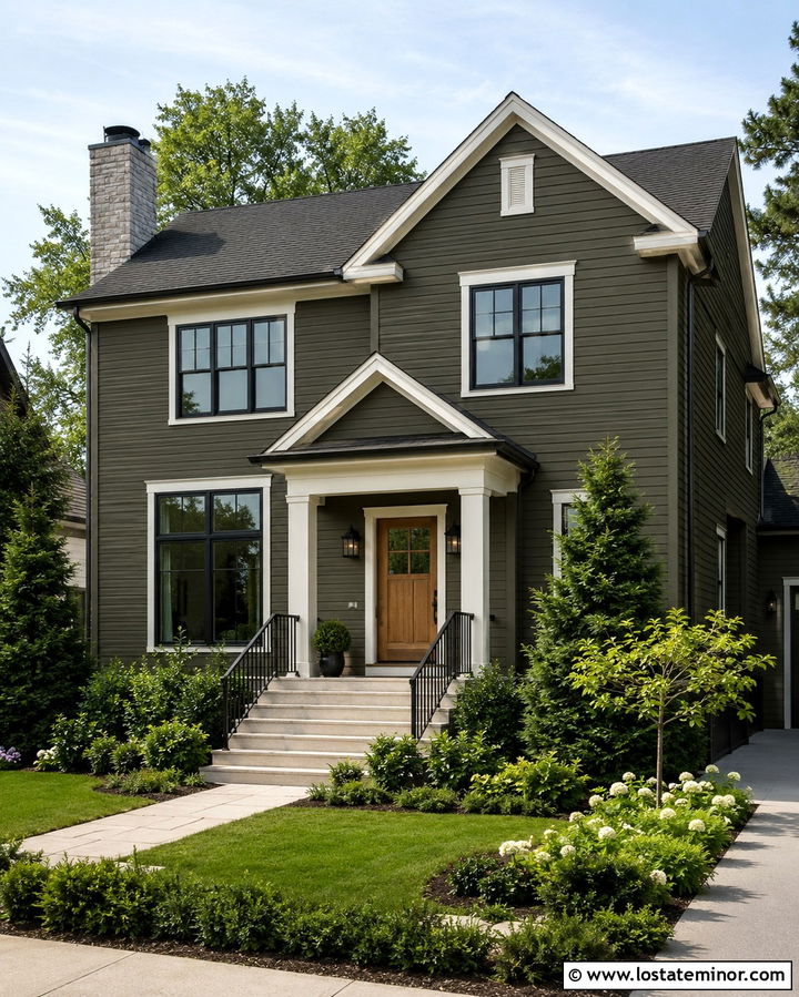 Olive Green House With Black Metal Railings - 30 Olive Green House Design With Railings Ideas