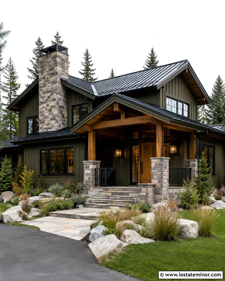 Olive Green House With Black Metal Roof And Stone - 30 Olive Green House Design With Roof Ideas