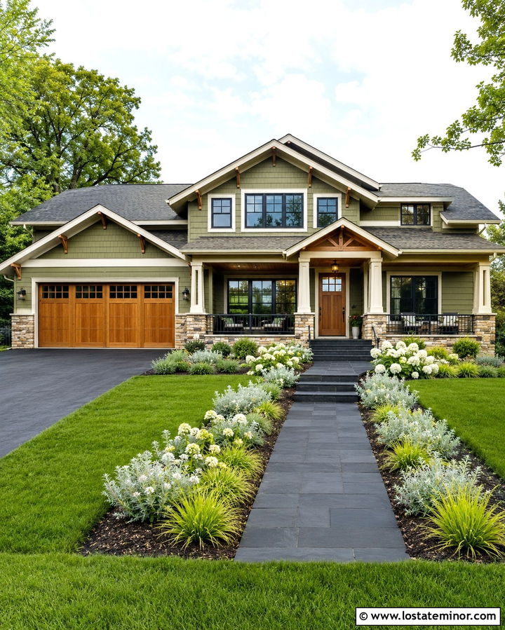Olive Green House With Black Paver Walkway - 30 Olive Green House Design With Walkway Ideas