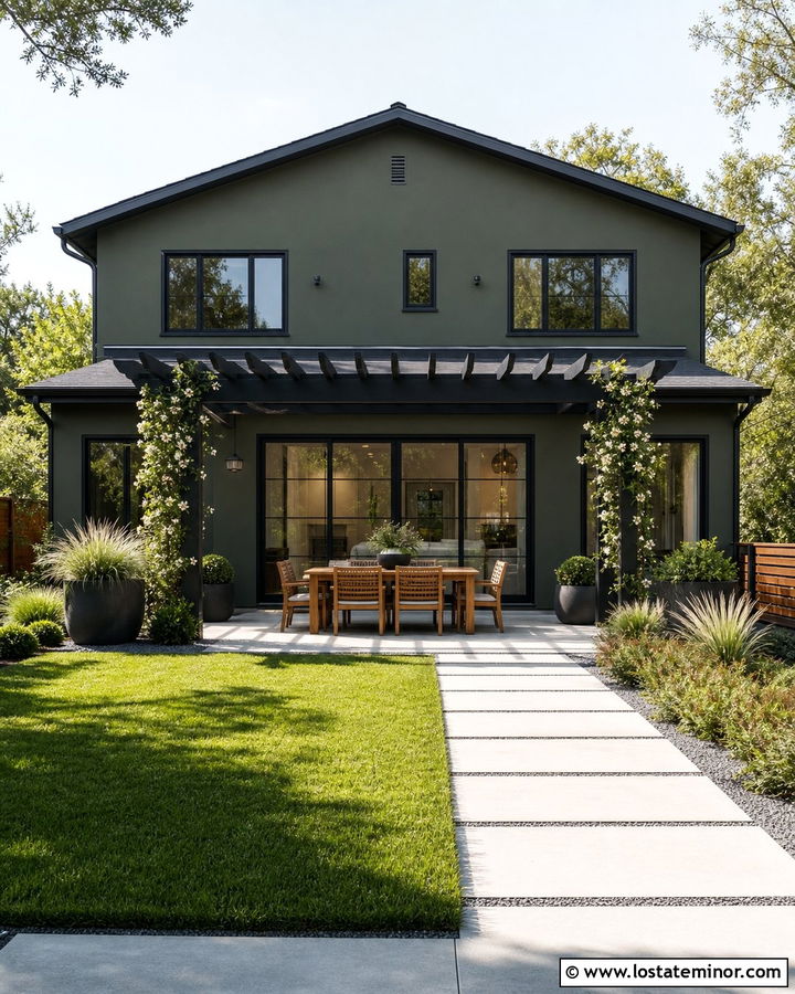 Olive Green House With Black Pergola - 30 Olive Green House Design With Backyard Ideas
