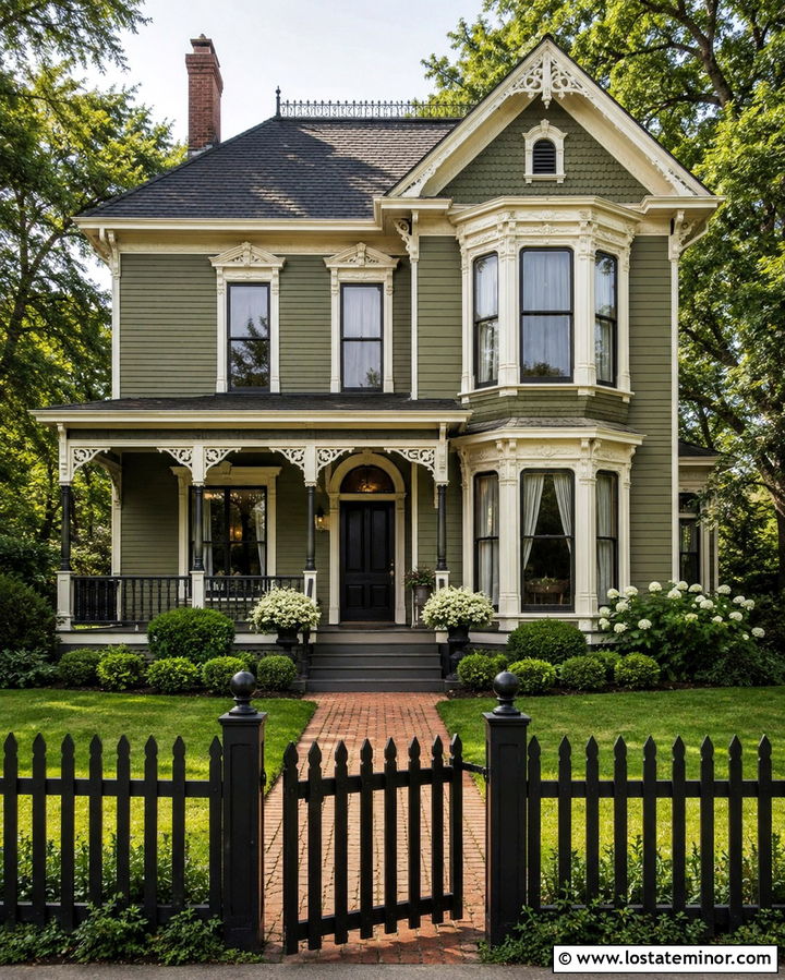 Olive Green House With Black Picket Fence - 30 Olive Green House Design With Fence Ideas
