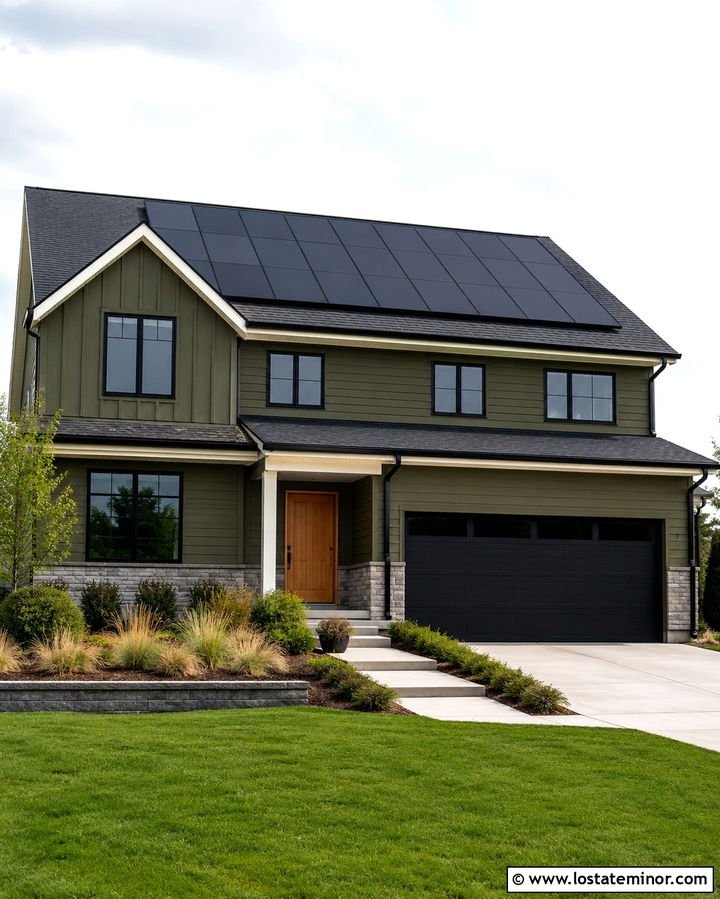 Olive Green House With Black Roof And Solar Panels - 30 Olive Green House Design With Roof Ideas
