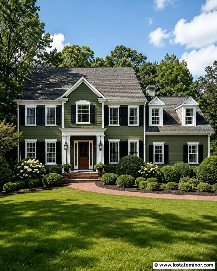 Olive Green House With Black Shutters - 30 Olive Green House Design With Front Yard Ideas