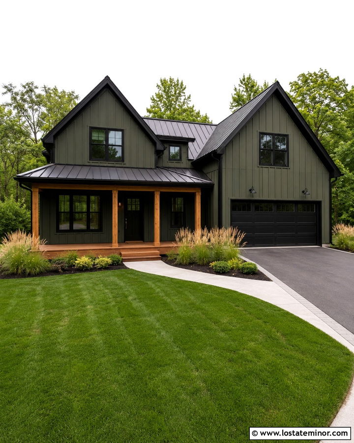 Olive Green House With Black Trim And Cedar Porch - 30 Olive Green House Design With Front Porch Ideas