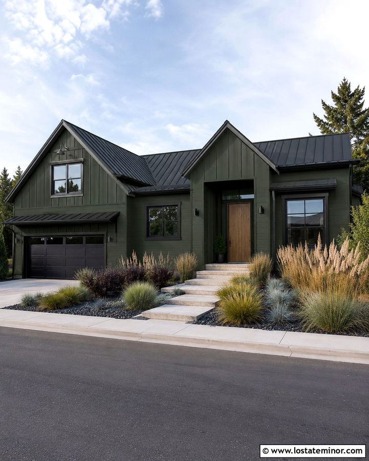 Olive Green House With Black Trim And Ornamental Grasses - 30 Olive Green House Design With Landscaping Ideas