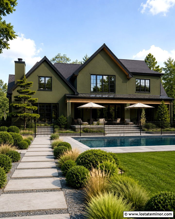 Olive Green House With Black Trim And Pool - 30 Olive Green House Design With Swimming Pool Ideas