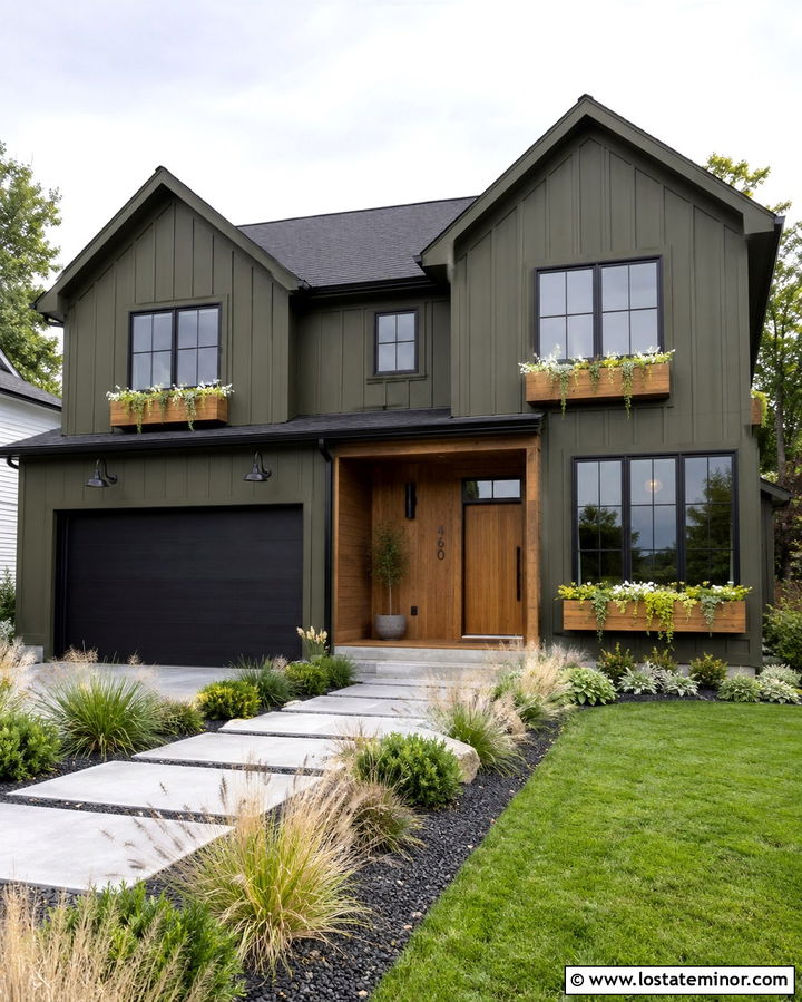 Olive Green House With Black Trim And Wood Window Boxes - 30 Olive Green House Design With Window Boxes Ideas