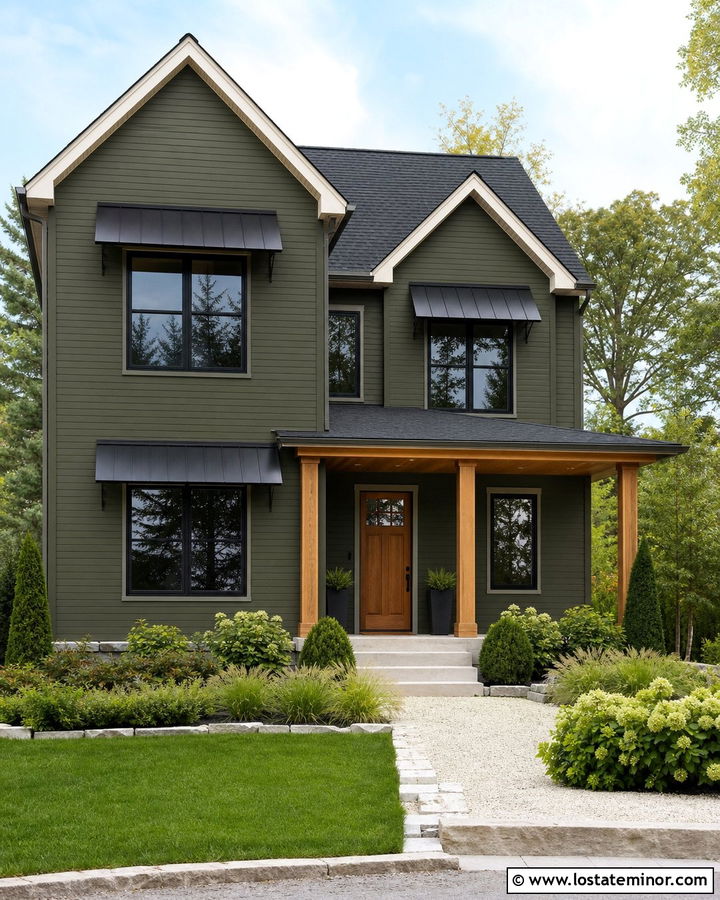 Olive Green House With Black Window Awnings - 30 Olive Green House Design With Awning Ideas