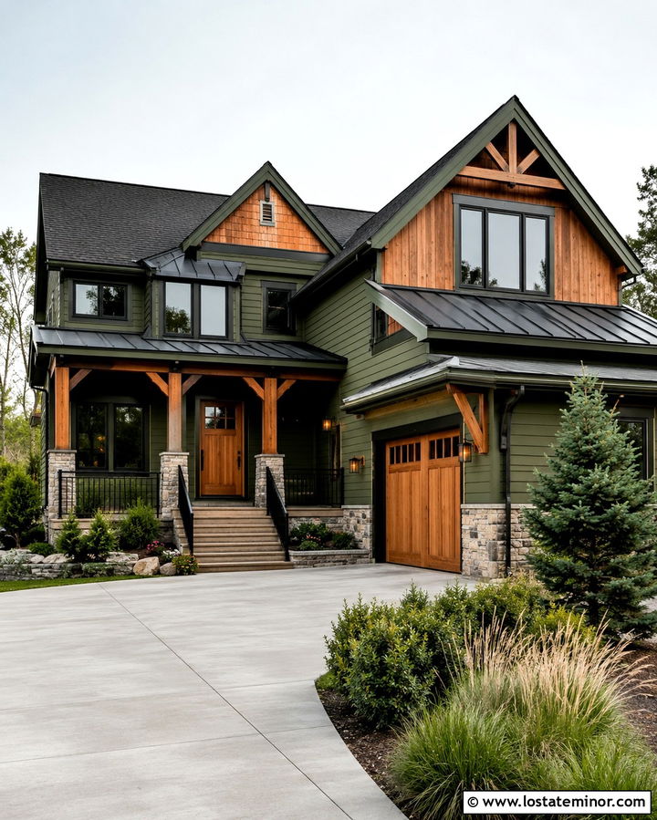 Olive Green House With Black Windows And Cedar Accents - 30 Olive Green House Design With Window Frames Ideas