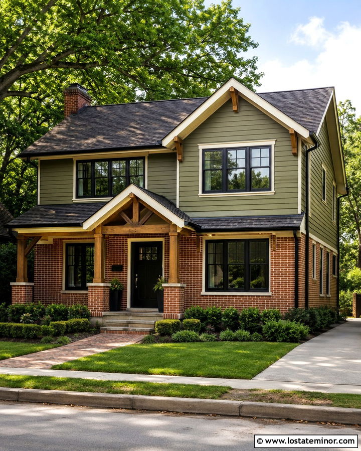 Olive Green House With Black Windows And Red Brick - 30 Olive Green House Design With Window Frames Ideas