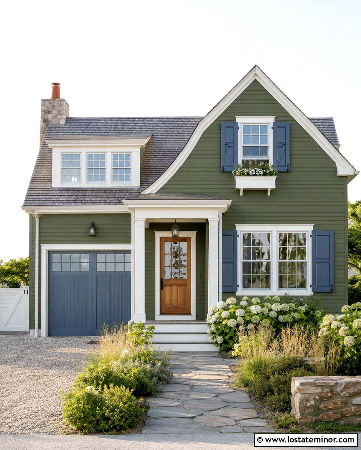 Olive Green House With Blue Gray Garage Door - 30 Olive Green House Design With Garage Door Ideas