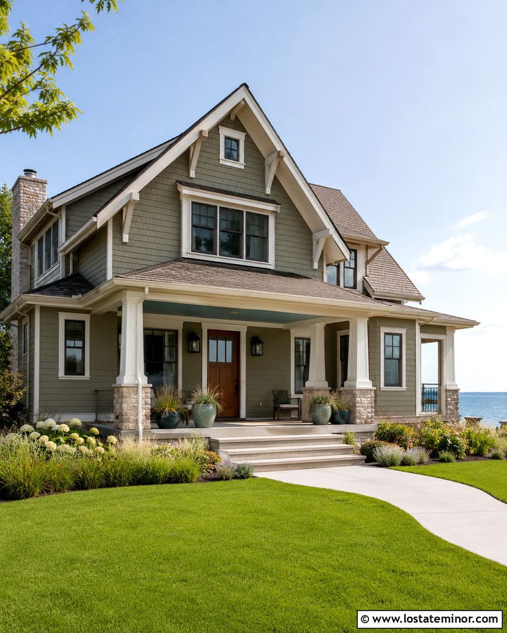 Olive Green House With Blue Green Porch Ceiling - 30 Olive Green House Design With Porch Ceiling Ideas