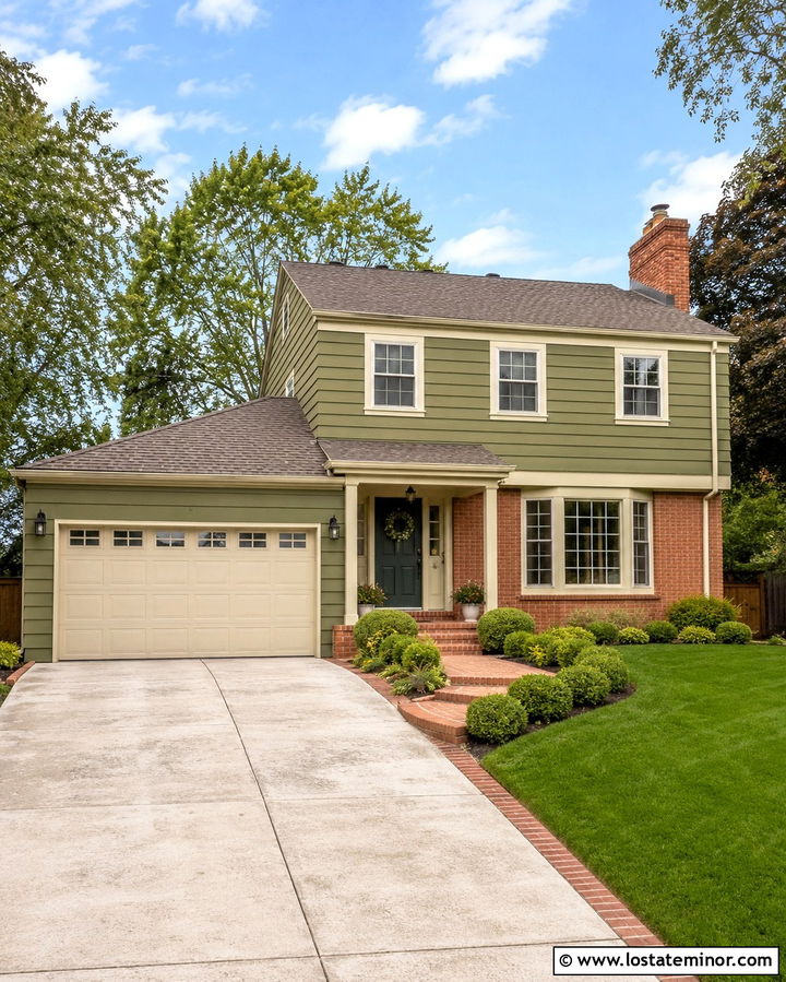 Olive Green House With Brick And Beige Garage Door - 30 Olive Green House Design With Garage Door Ideas