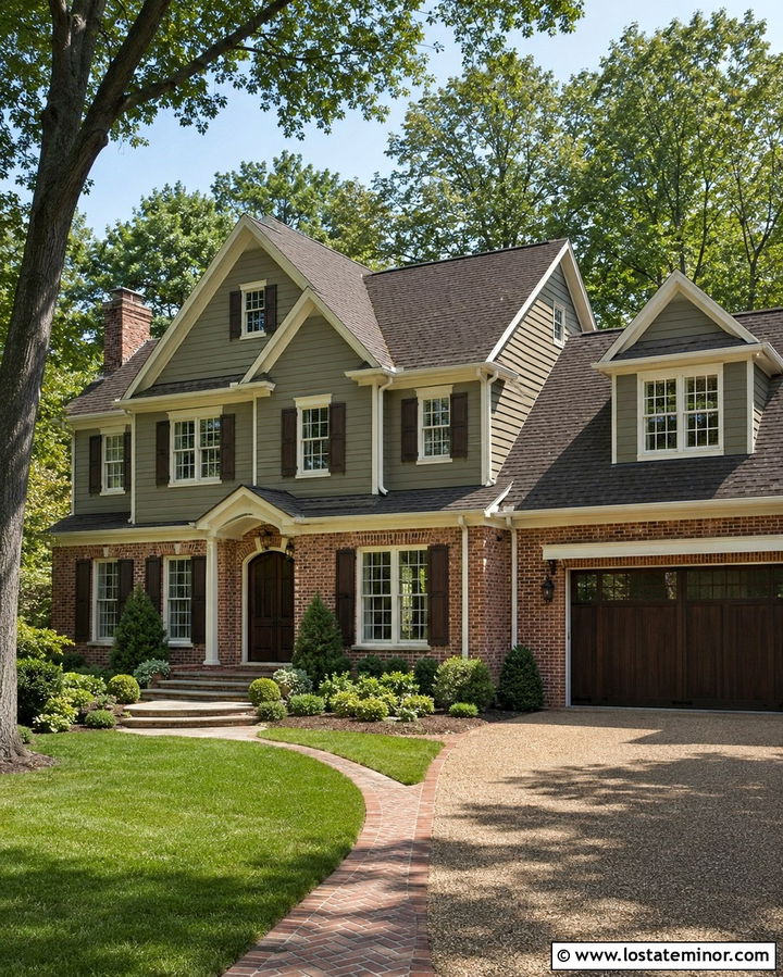 Olive Green House With Brick And Dormers - 30 Olive Green House Design With Dormers Ideas