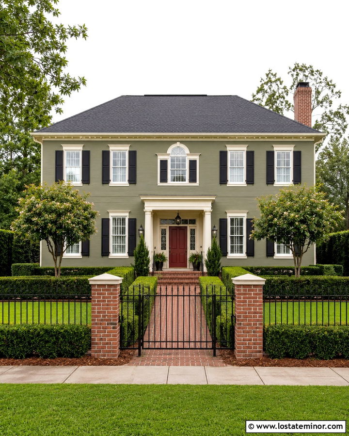 Olive Green House With Brick And Iron Fence - 30 Olive Green House Design With Fence Ideas