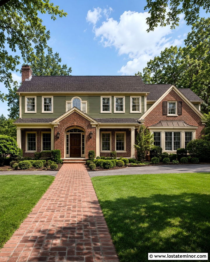 Olive Green House With Brick And Shingles - 30 Olive Green House Design With Shingles Ideas