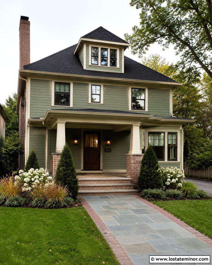 Olive Green House With Brick And Stone Walkway - 30 Olive Green House Design With Walkway Ideas