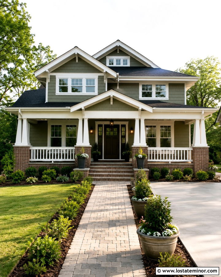 Olive Green House With Brick Bases And White Columns - 30 Olive Green House Design With Porch Columns Ideas
