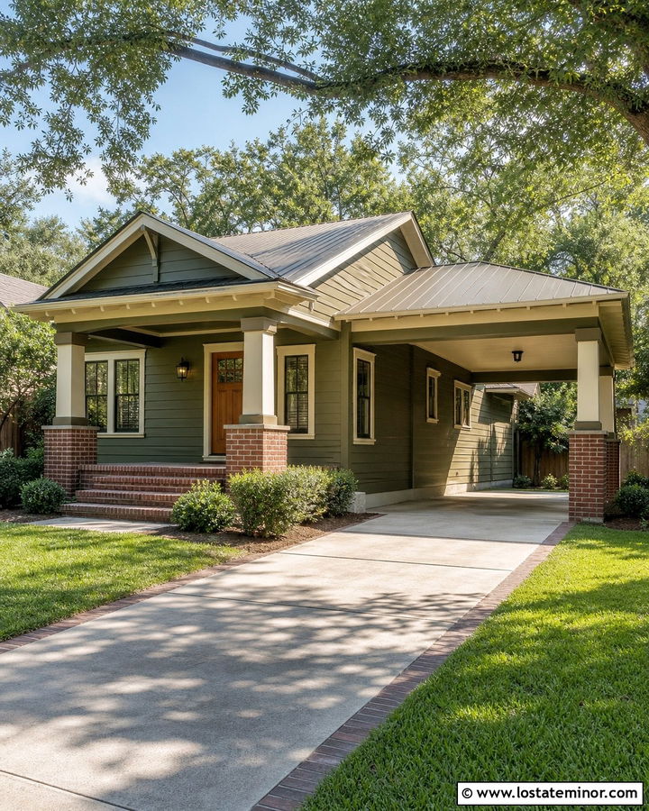 Olive Green House With Brick Carport Posts - 30 Olive Green House Design With Carport Ideas