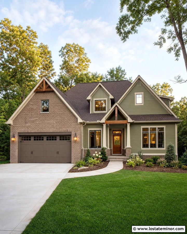 Olive Green House With Brick Garage - 30 Olive Green House Design With Brick Accents Ideas