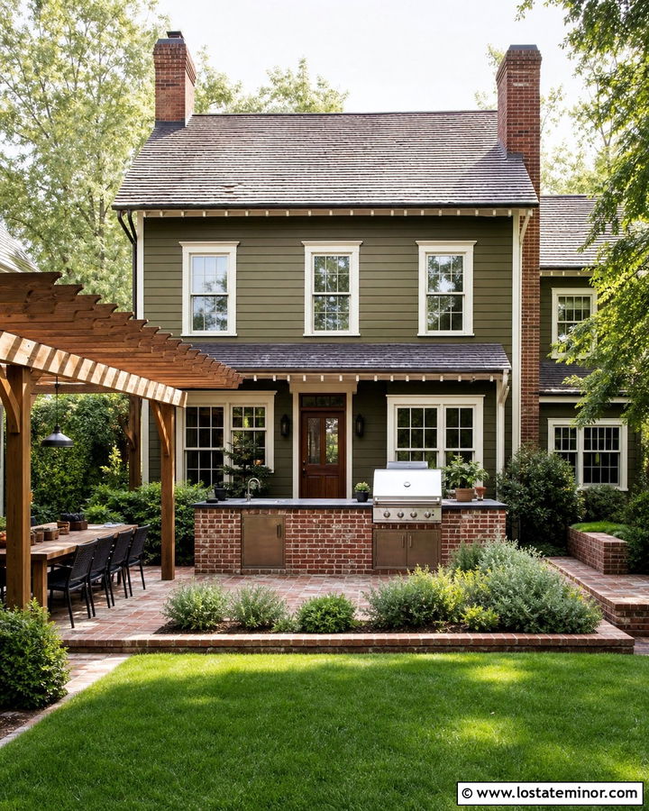 Olive Green House With Brick Outdoor Kitchen - 30 Olive Green House Design With Backyard Ideas