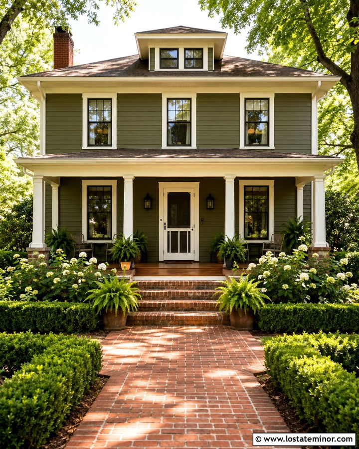 Olive Green House With Brick Porch - 30 Olive Green House Design With Screen Door Ideas