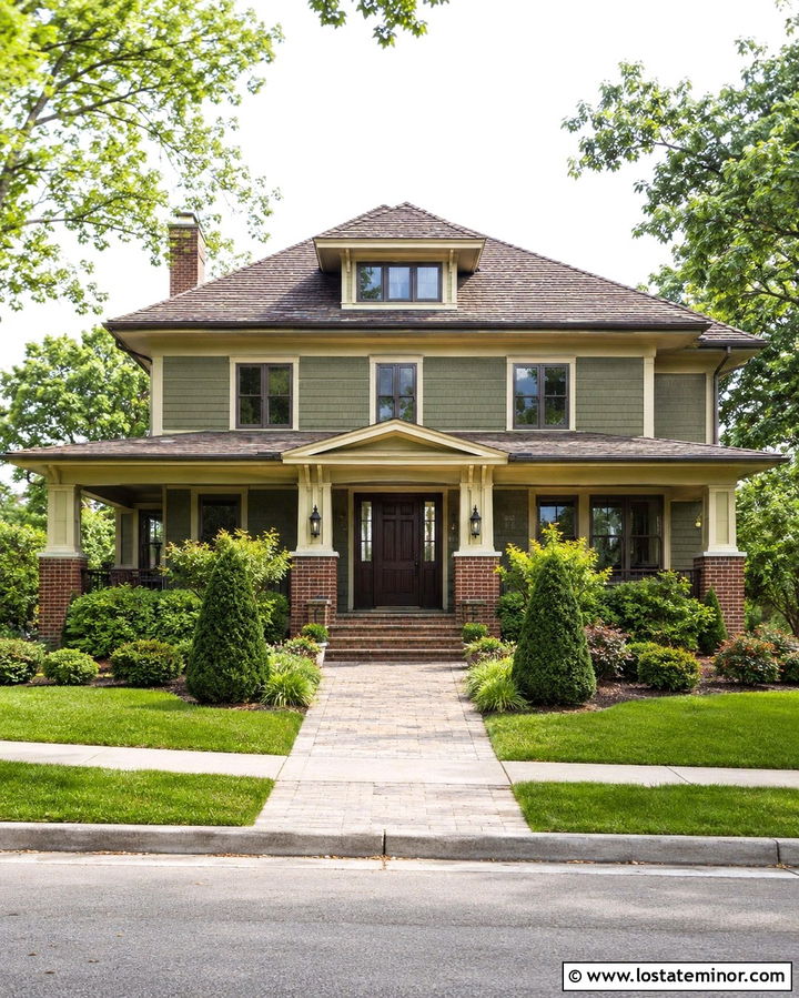 Olive Green House With Brick Porch Columns - 30 Olive Green House Design With Porch Columns Ideas