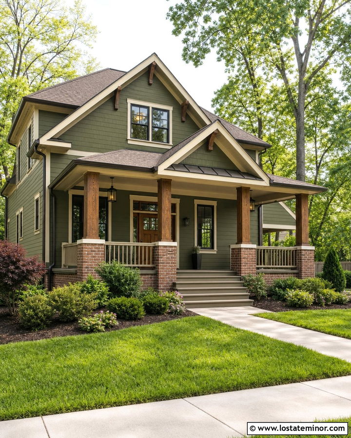 Olive Green House With Brick Porch Columns - 30 Olive Green House Design With Brick Accents Ideas