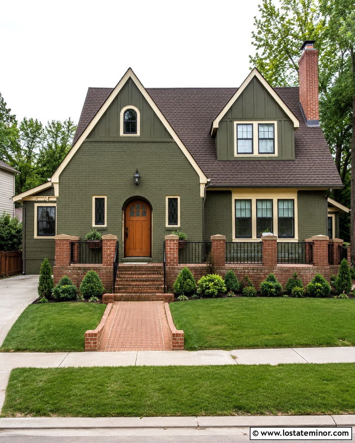 Olive Green House With Brick Porch Railings - 30 Olive Green House Design With Railings Ideas