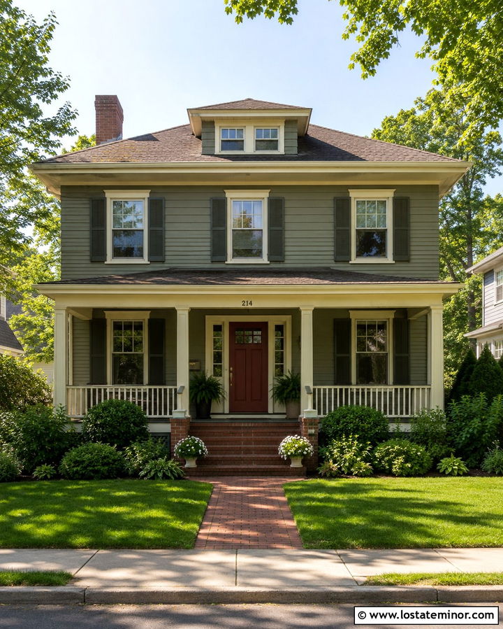 Olive Green House With Brick Red Front Door - 30 Olive Green House Design With Front Door Ideas