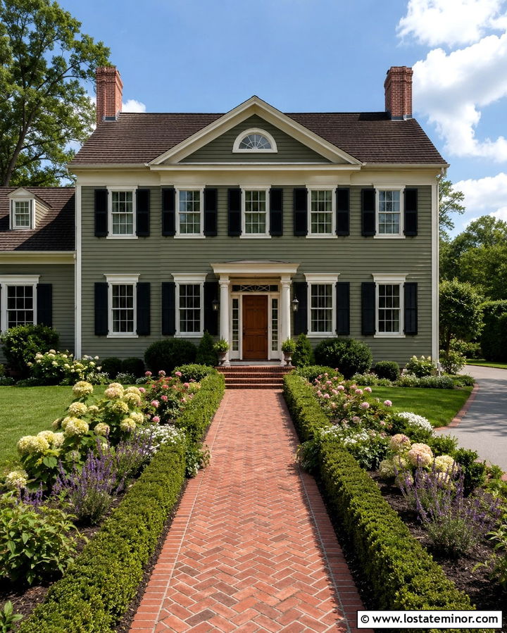 Olive Green House With Brick Walkway And Hedge Border - 30 Olive Green House Design With Landscaping Ideas