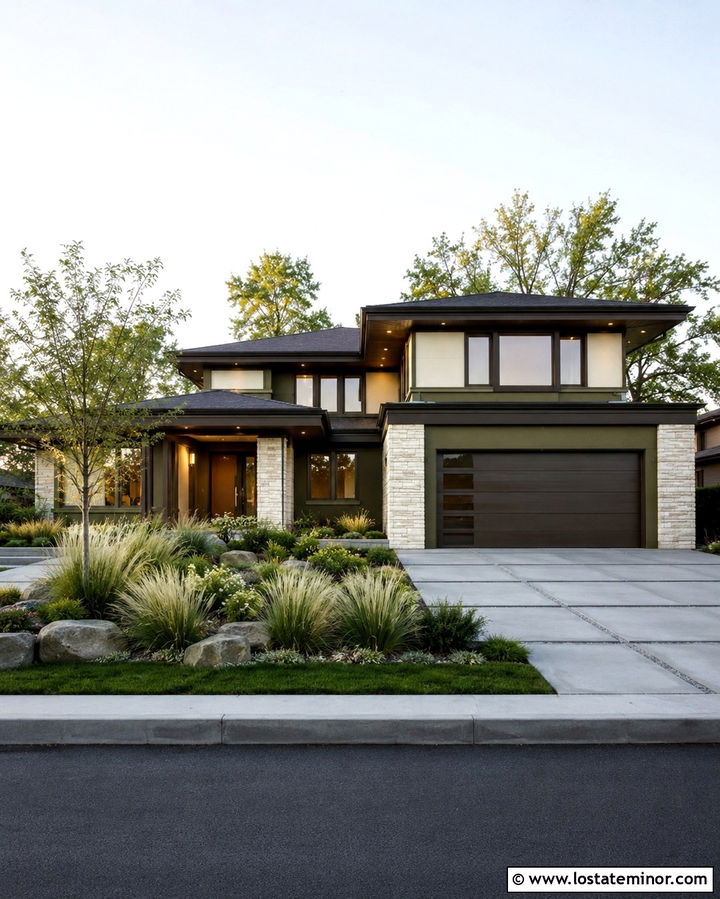 Olive Green House With Bronze Garage Door - 30 Olive Green House Design With Garage Door Ideas