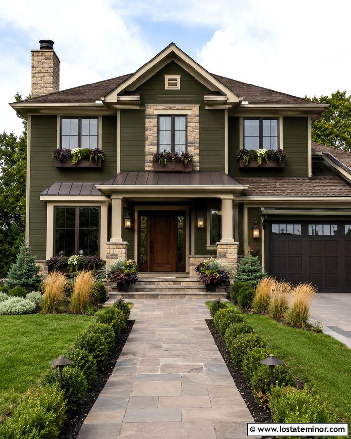 Olive Green House With Bronze Window Boxes - 30 Olive Green House Design With Window Boxes Ideas