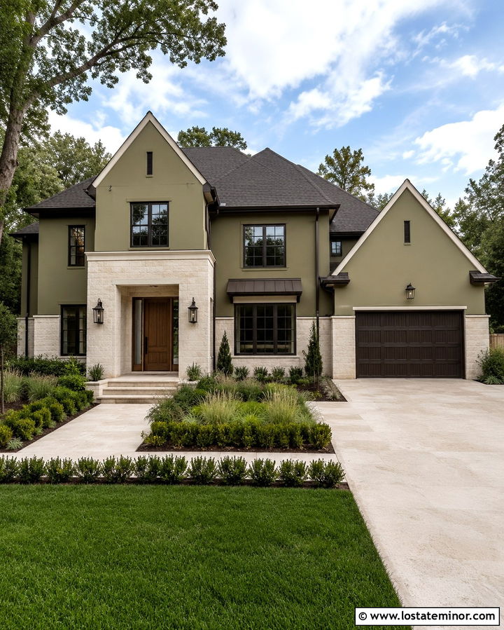 Olive Green House With Bronze Windows And Limestone - 30 Olive Green House Design With Window Frames Ideas
