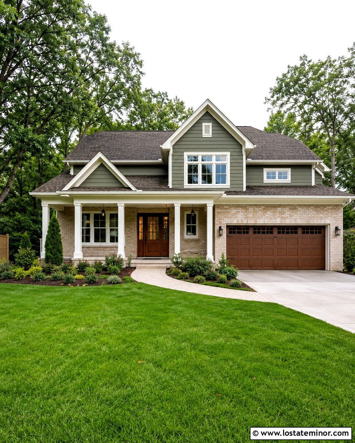 Olive Green House With Buff Brick Trim - 30 Olive Green House Design With Trim Ideas