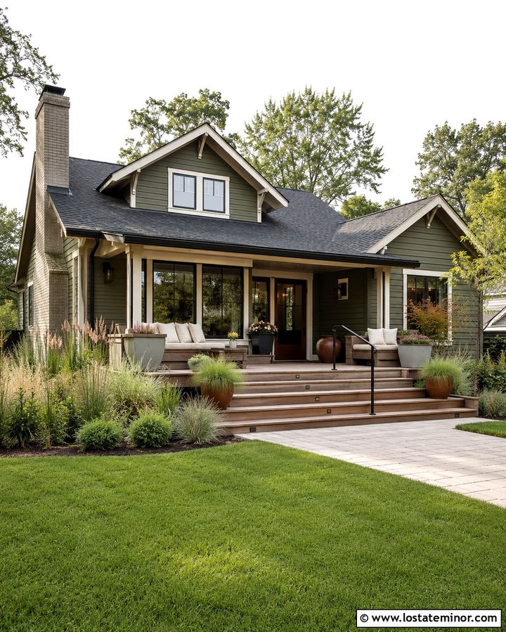 Olive Green House With Built In Deck Benches - 30 Olive Green House Design With Deck Ideas
