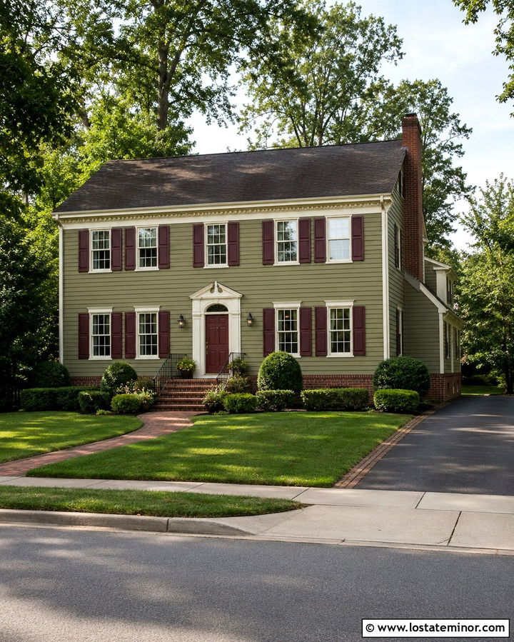 Olive Green House With Burgundy Shutters And Brick - 30 Olive Green House Design With Shutters Ideas