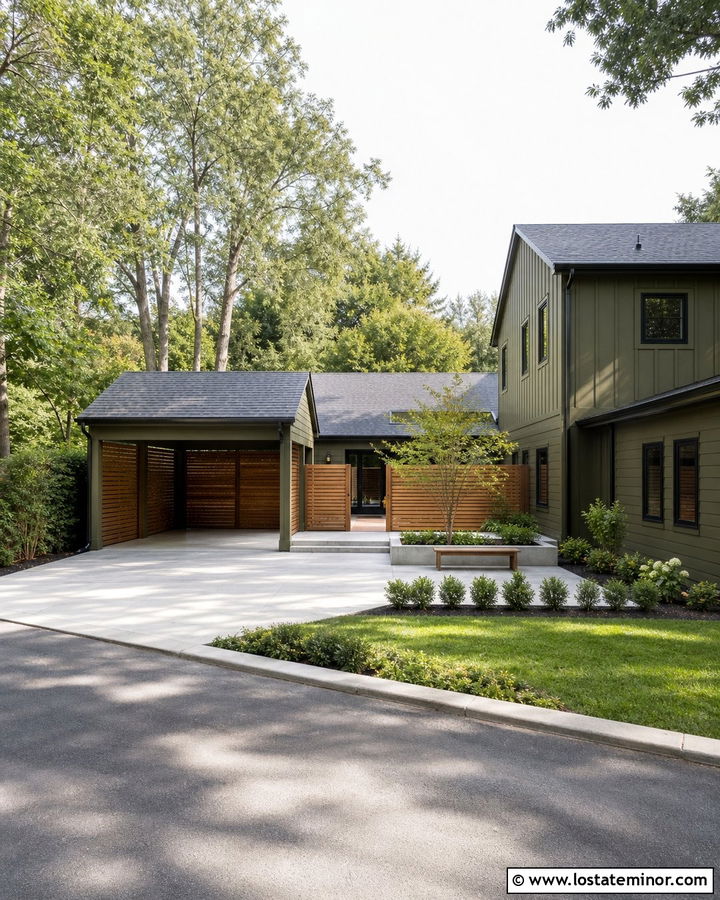 Olive Green House With Carport And Courtyard - 30 Olive Green House Design With Carport Ideas
