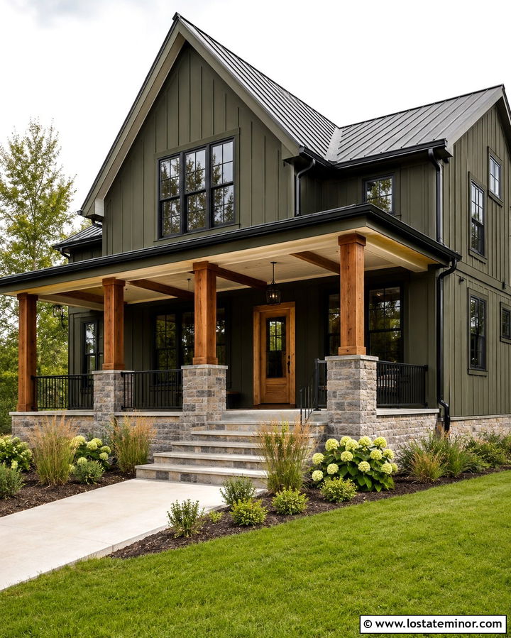 Olive Green House With Cedar Beam Porch Ceiling - 30 Olive Green House Design With Porch Ceiling Ideas