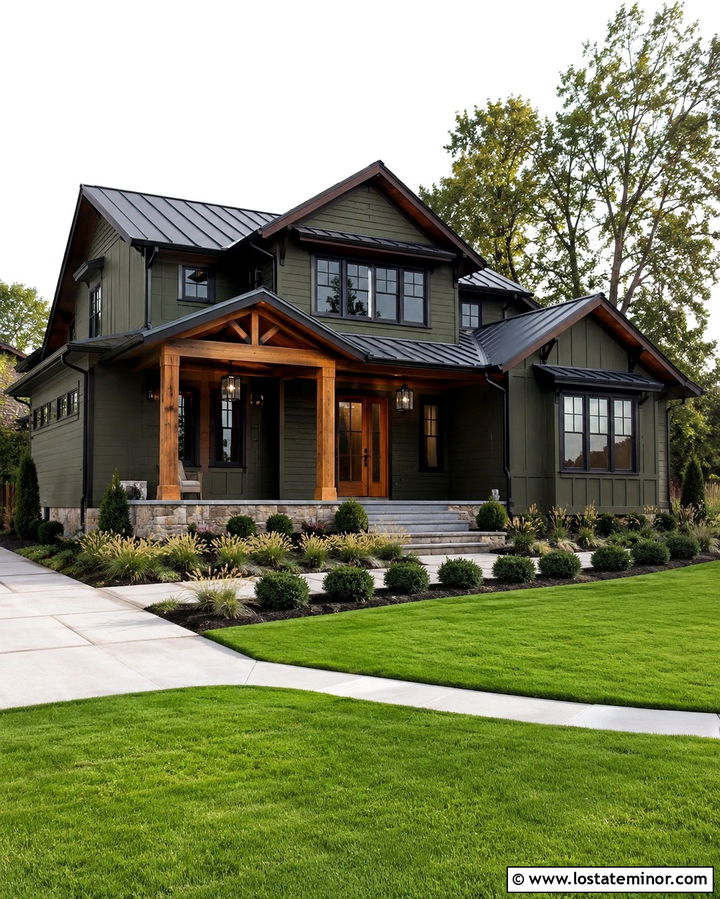 Olive Green House With Cedar Columns And Black Trim - 30 Olive Green House Design With Porch Columns Ideas